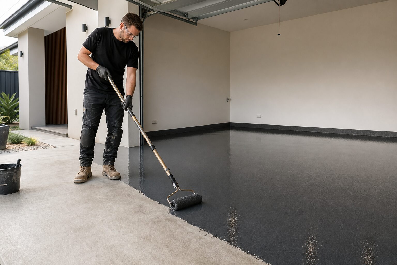 Professional epoxy floor coating application in a prepared residential garage