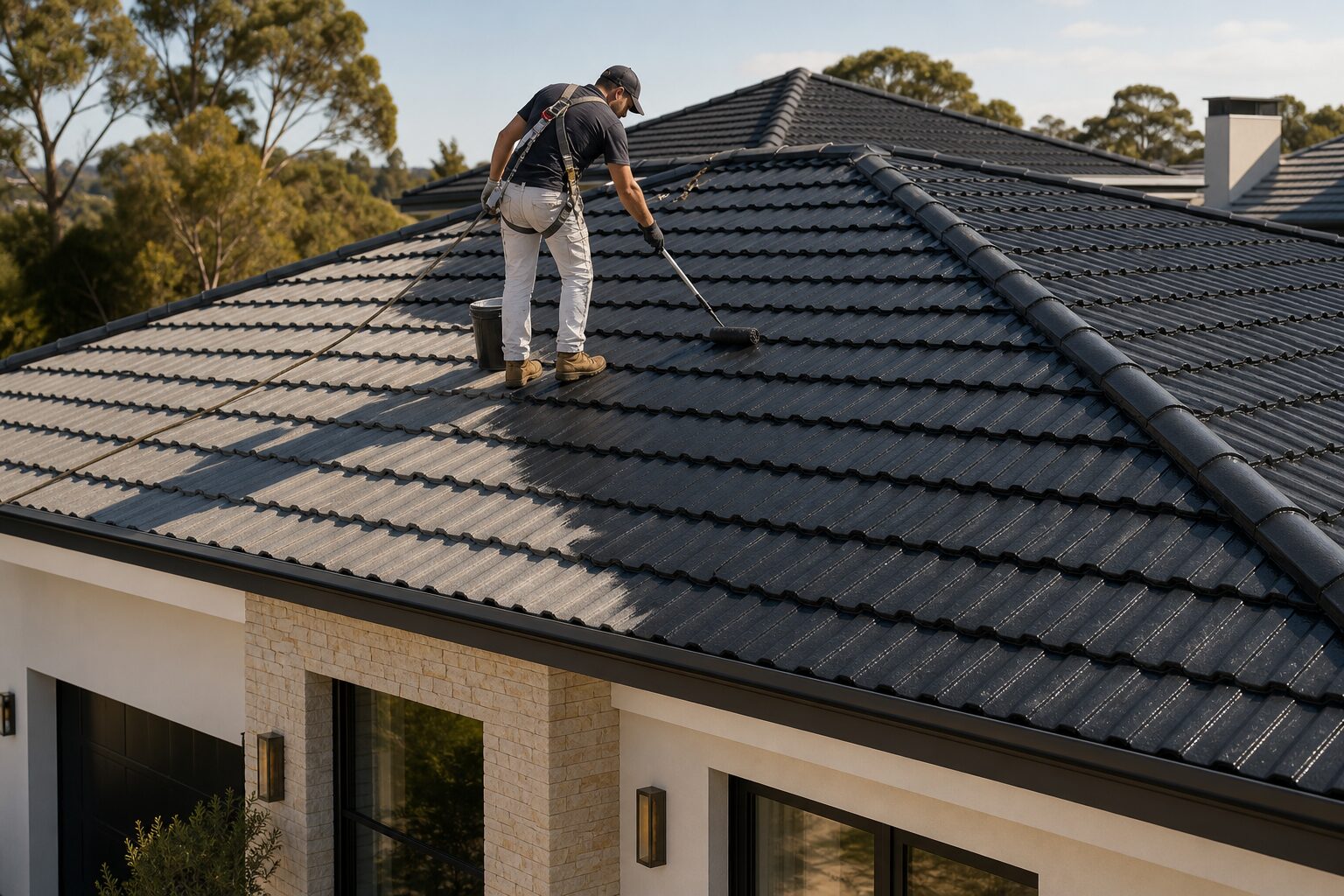 Professional roof coating application on a contemporary tiled Melbourne home