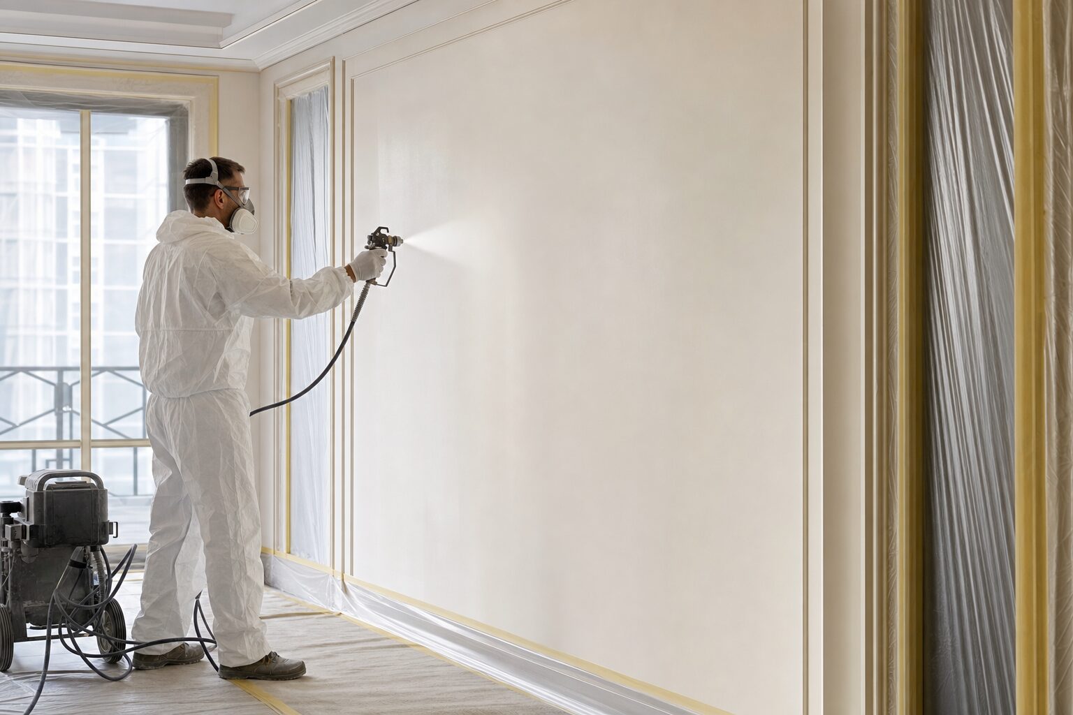 Professional airless spray painting in a carefully masked modern interior
